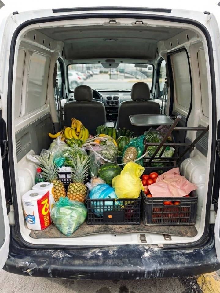 Camioneta de Provee cargada con cajas de fruta y verdura recién compradas en la Central de Abasto