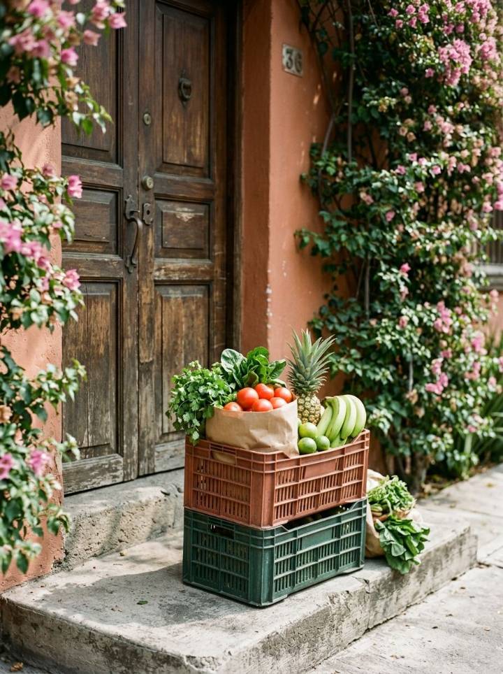 Cajas con fruta y verdura de Provee entregadas en la puerta de una casa en Coyoacán